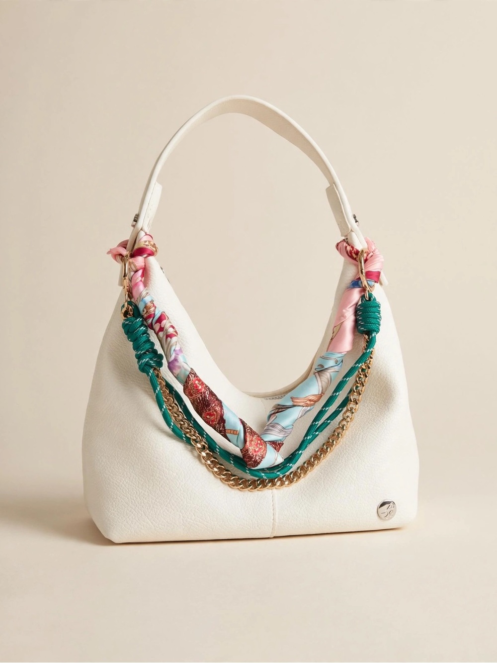 White Hobo Shoulder Bag with Colorful Scarf Accent